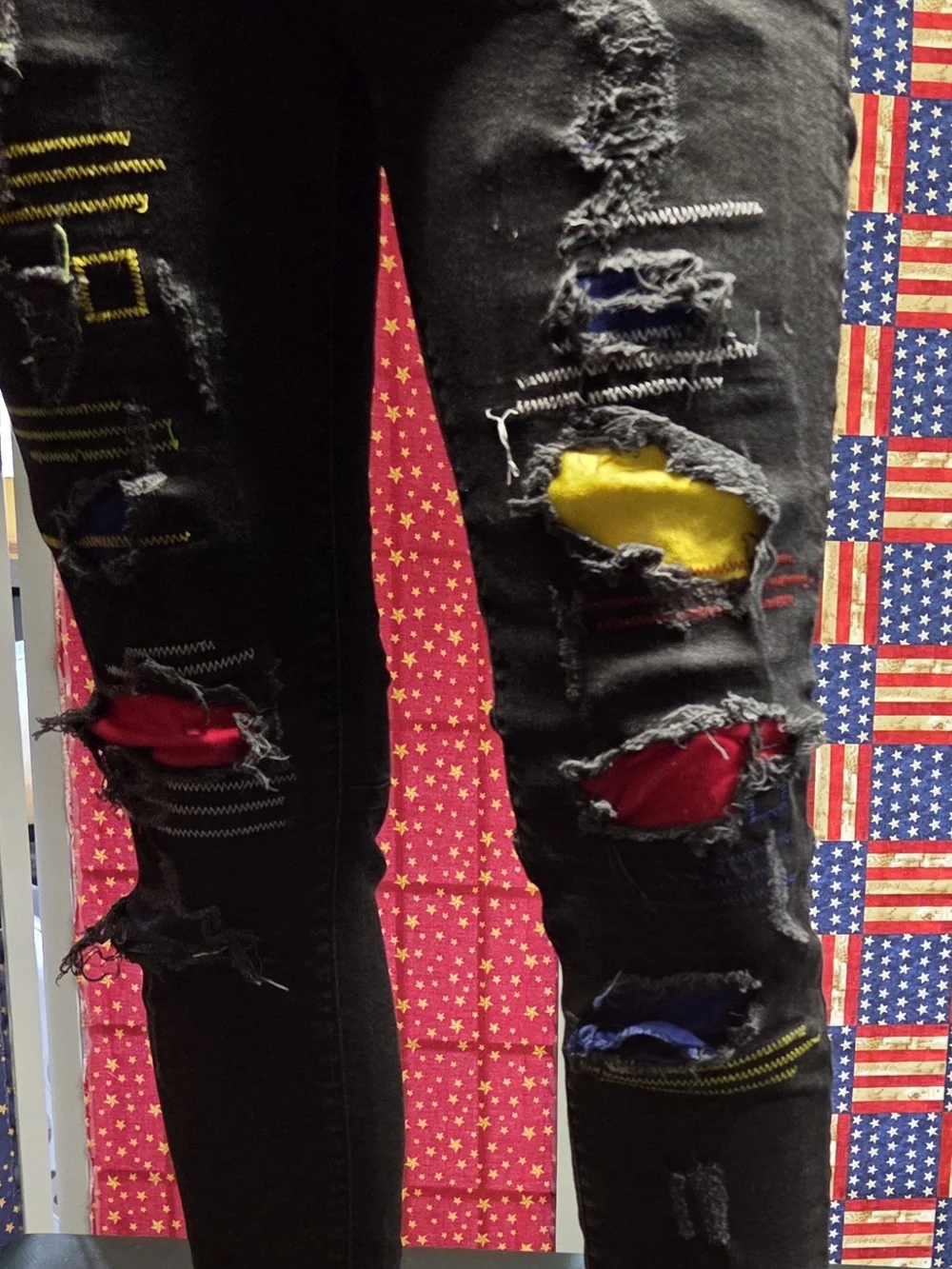 **Black Distressed Men’s Jeans with Color Patch Accents** - Picture 4 of 14